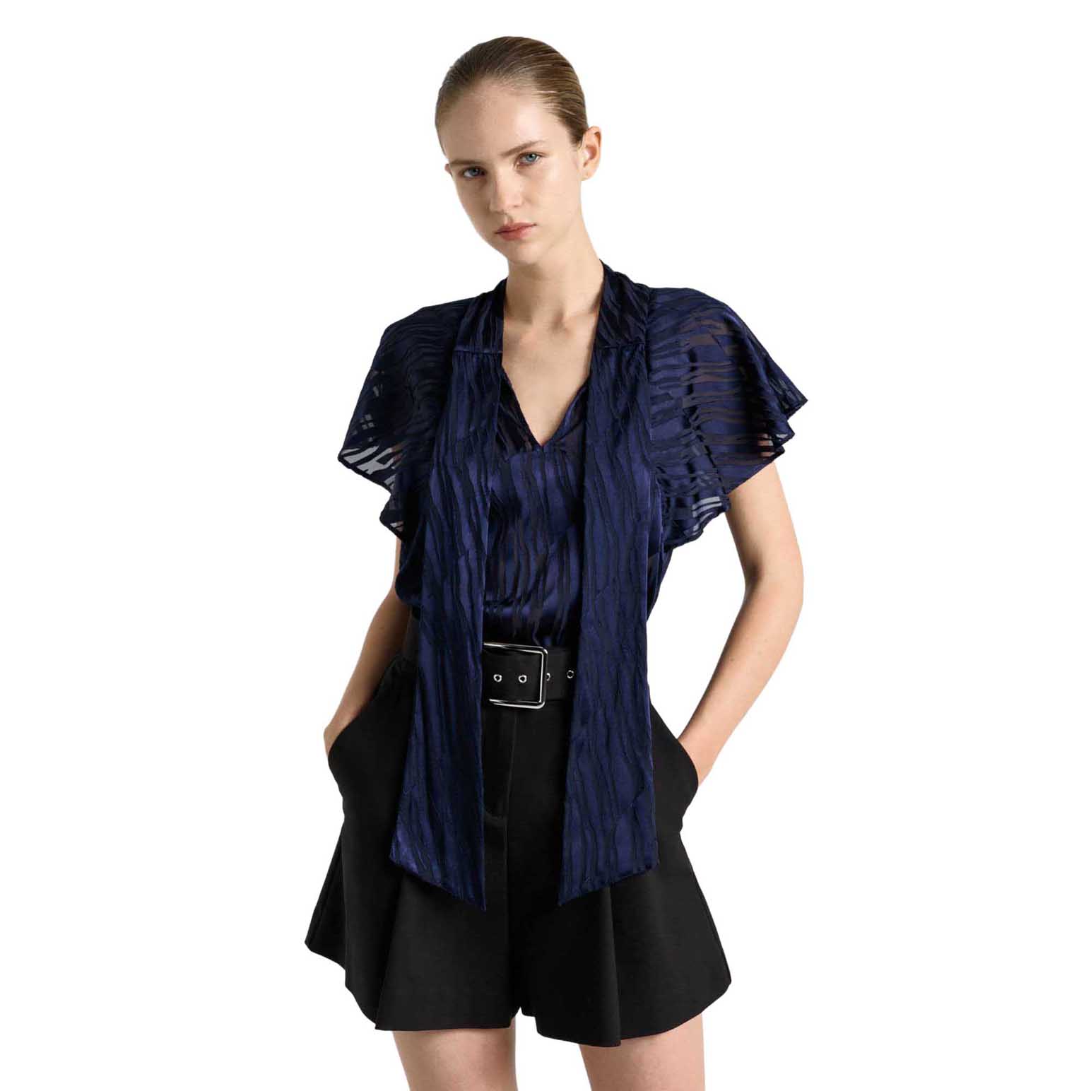 Cue Broken Stripe Burnout Tie Neck Blouse